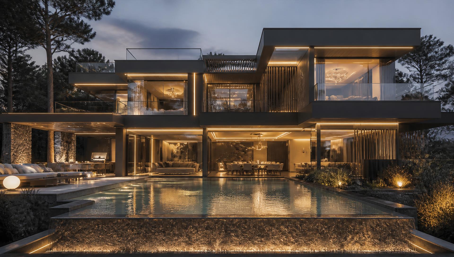 Luxury villa at dusk with floor-to-ceiling slim aluminium glazing and a lit infinity pool